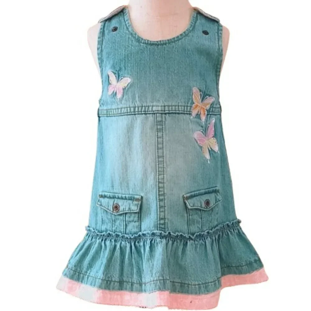 Embroidered Denim Overall Dress 9-12M Pink Ruffle Hem and Butterflies Pockets